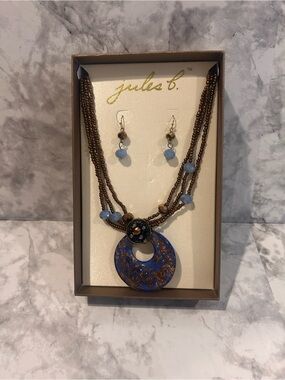 Jules B. Blue and Brown Layered Pendant Necklace with Matching Earrings